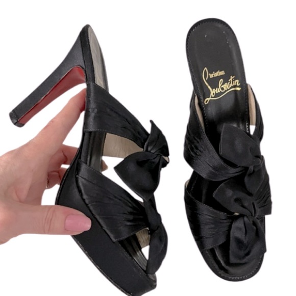 Christian Louboutin Elegant Black Satin Bow Slide-On Platform Sandal Black EU 36